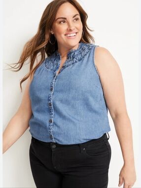 Chambray High Neck Button Up Tank Top Western Boho Contemporary Vacay Resort XL